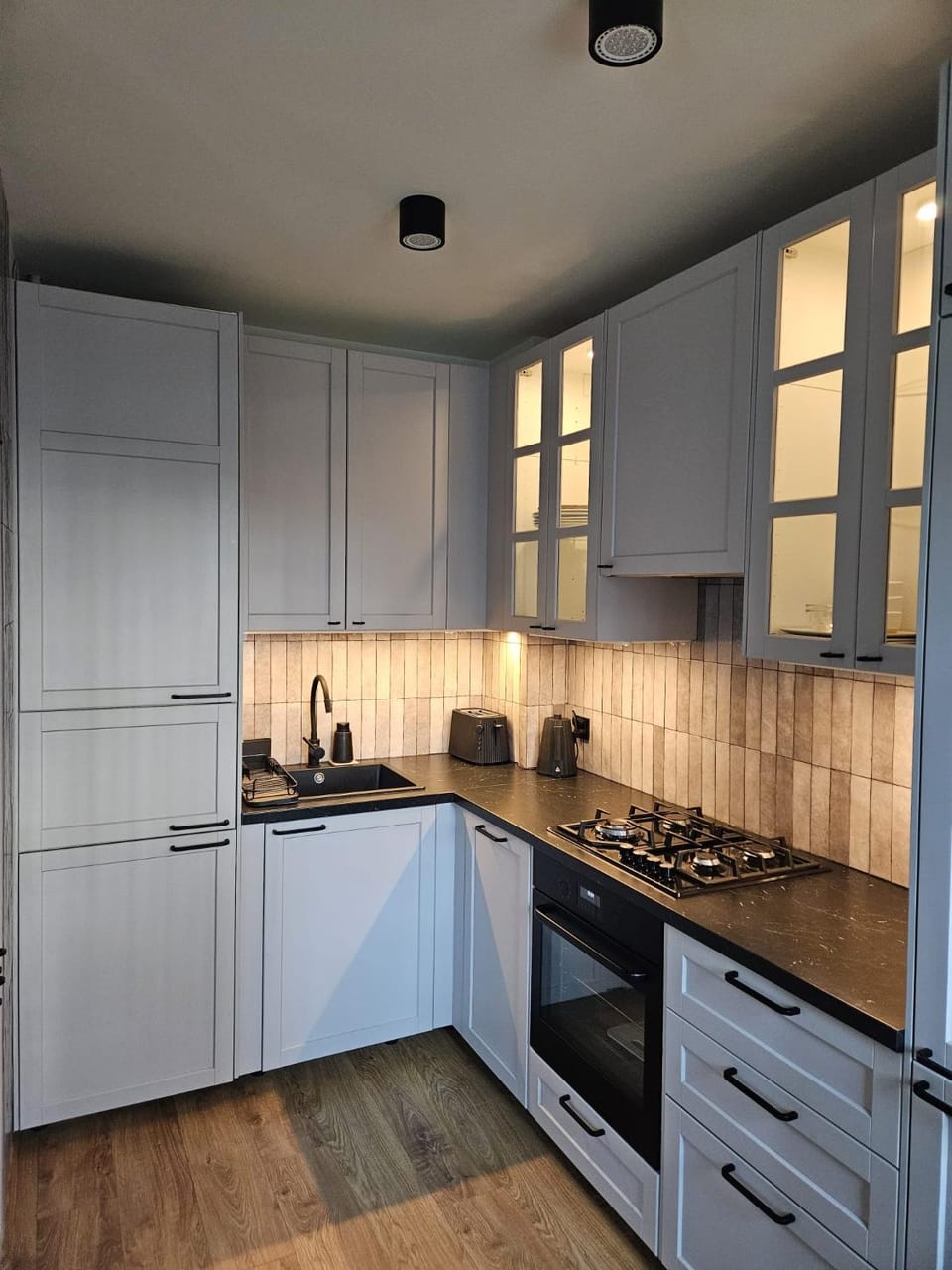 Kitchen or kitchenette, dishwasher, stove, toaster