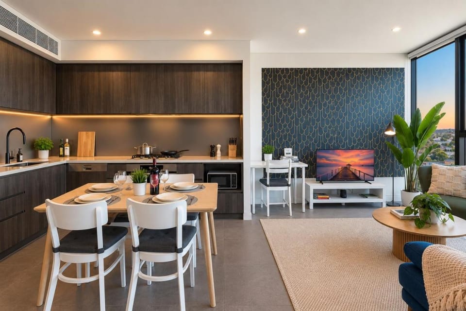 Kitchen or kitchenette, Living room, Seating area, Dining area
