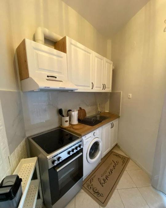 Kitchen or kitchenette, oven, stove, washing machine