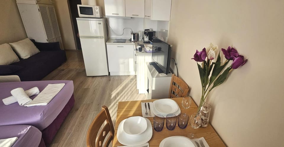 Coffee/tea facilities, Kitchen or kitchenette, Living room, Seating area, Dining area, Food, stove, toaster