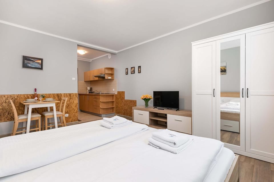 Bed, TV and multimedia, Kitchen or kitchenette, Living room, Photo of the whole room, Seating area, Dining area, Bedroom, stove