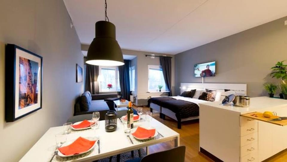 Bed, TV and multimedia, Living room, Food and drinks, Photo of the whole room, Seating area, Dining area, Bedroom, Food, Drinks