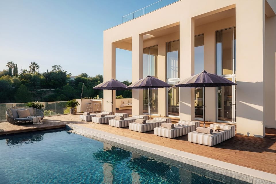 Property building, Patio, Day, Garden, Living room, Seating area, Garden view, Pool view, Swimming pool, sunbed