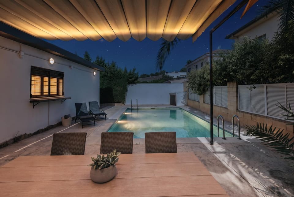 Night, Natural landscape, Pool view, Swimming pool, sunbed