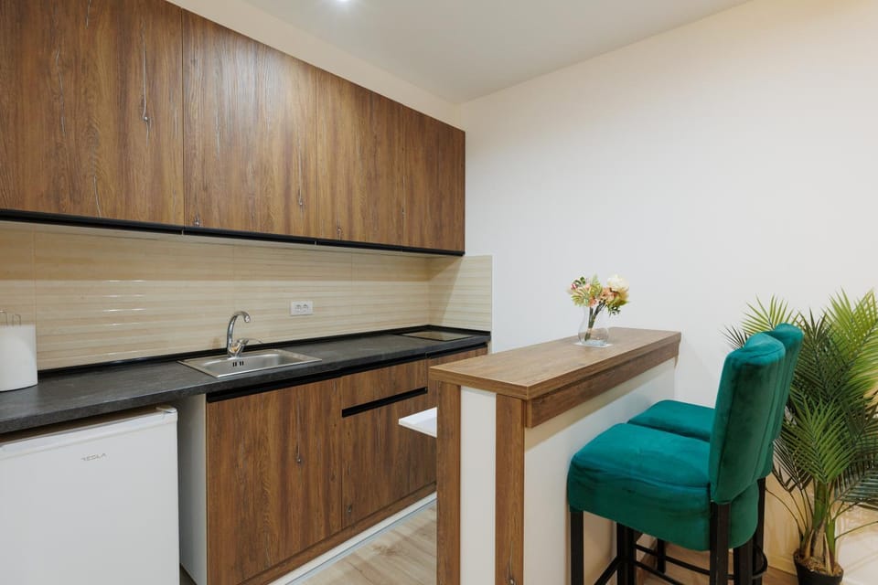 Kitchen or kitchenette, Living room, Seating area, Dining area, stove