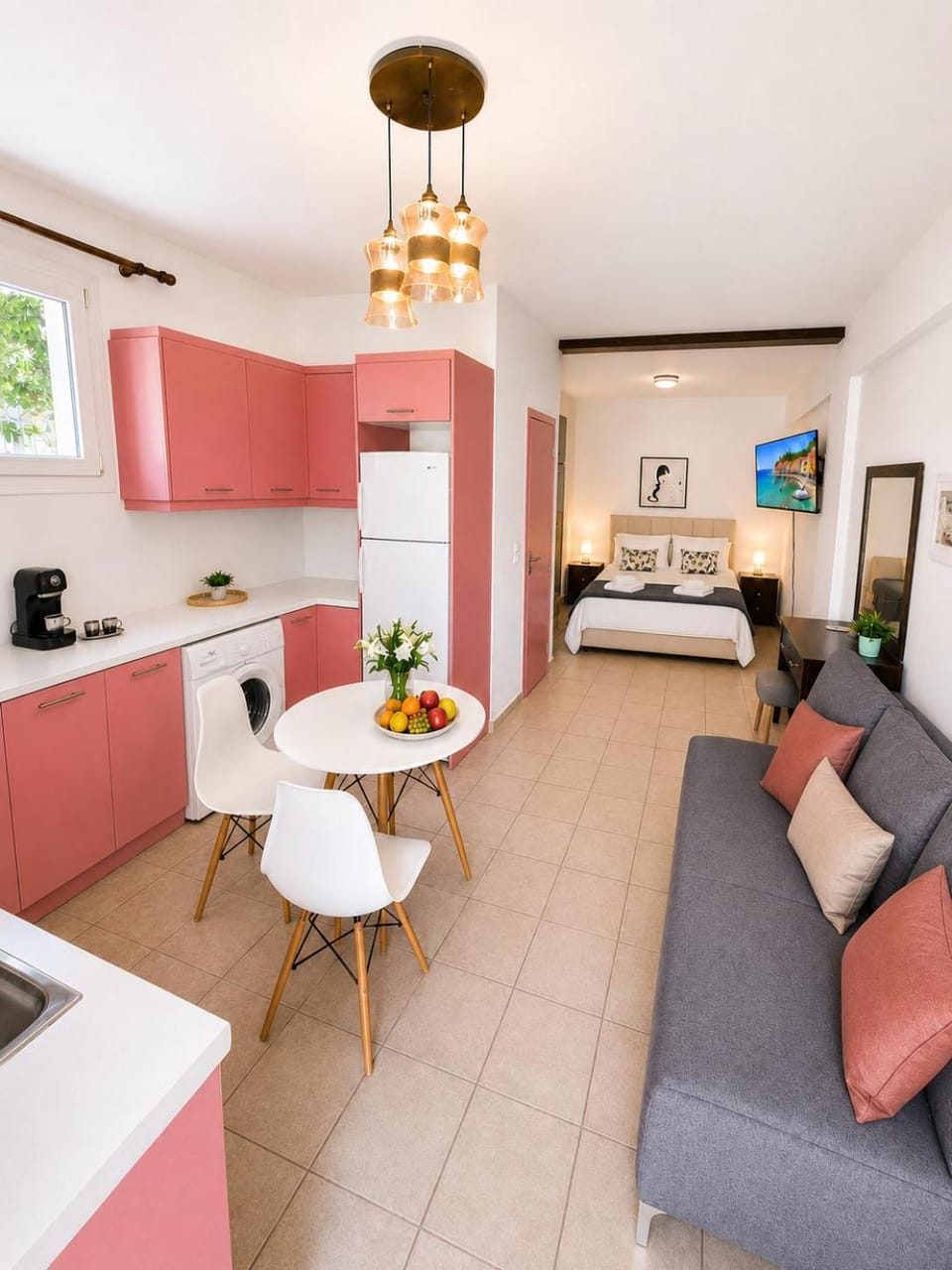 Bed, TV and multimedia, Kitchen or kitchenette, Living room, Food and drinks, Photo of the whole room, Seating area, Dining area, Bedroom, oven, stove, toaster