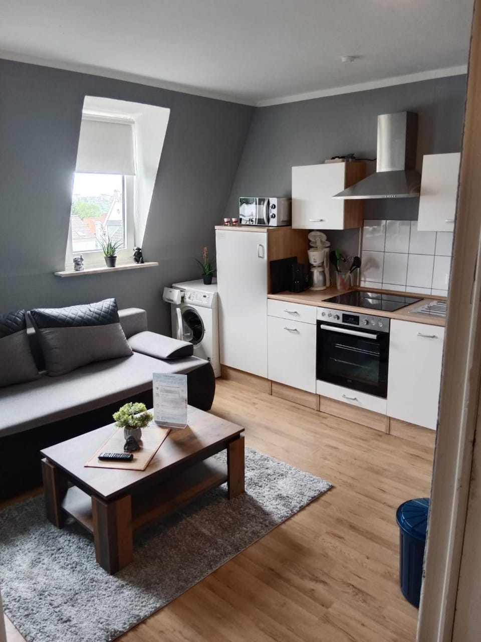 Kitchen or kitchenette, Living room, Seating area, oven, stove, washing machine