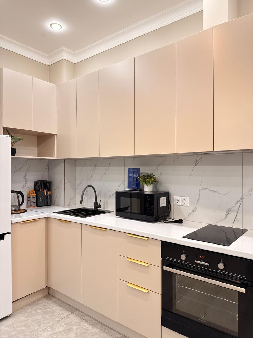 Kitchen or kitchenette, dishwasher, microwave, oven, stove