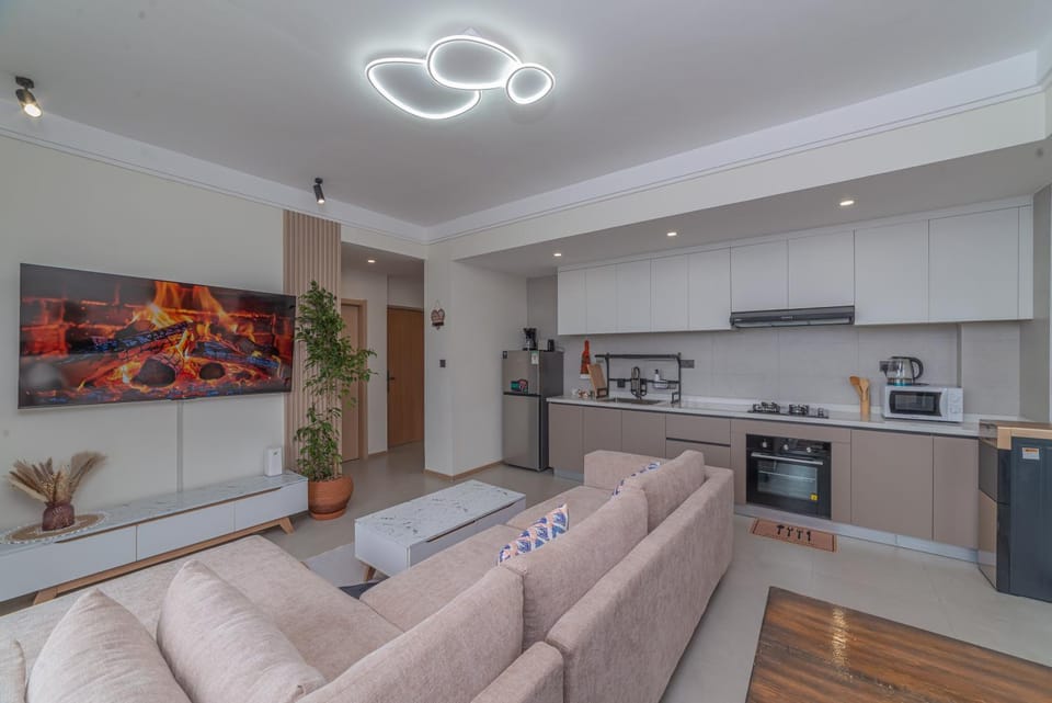 Kitchen or kitchenette, Living room, Seating area, oven, stove
