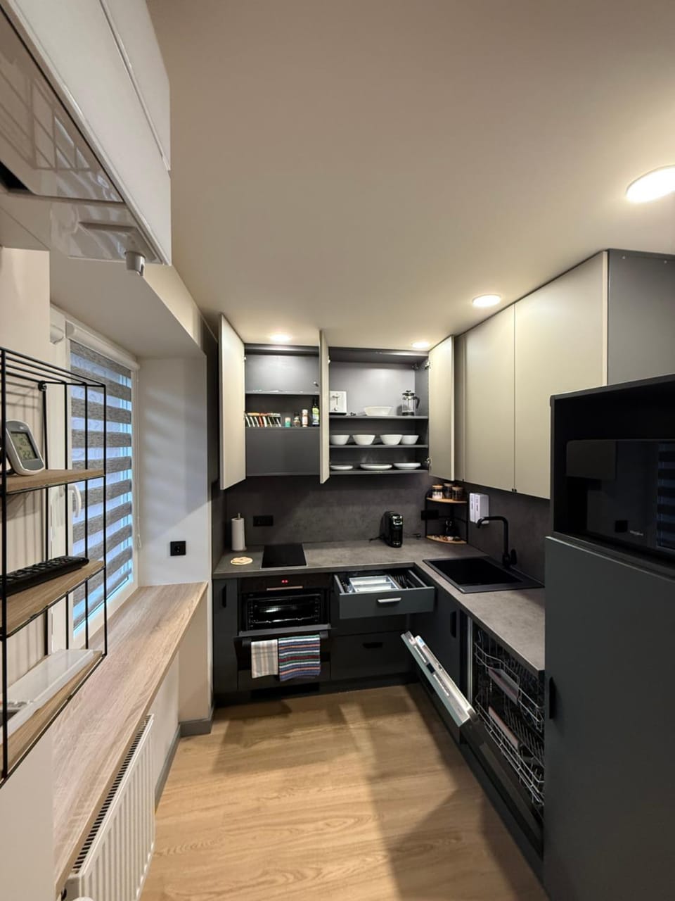 Kitchen or kitchenette, dishwasher, oven, stove