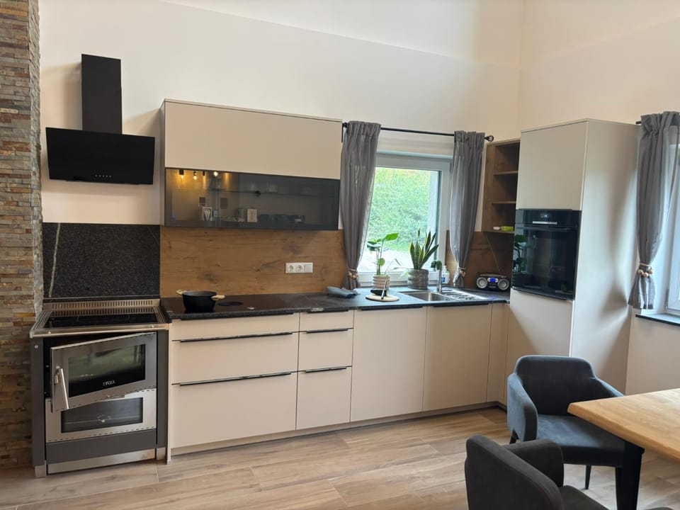 Kitchen or kitchenette, oven, stove