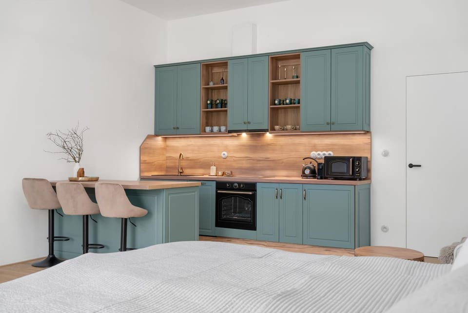 Kitchen or kitchenette, stove