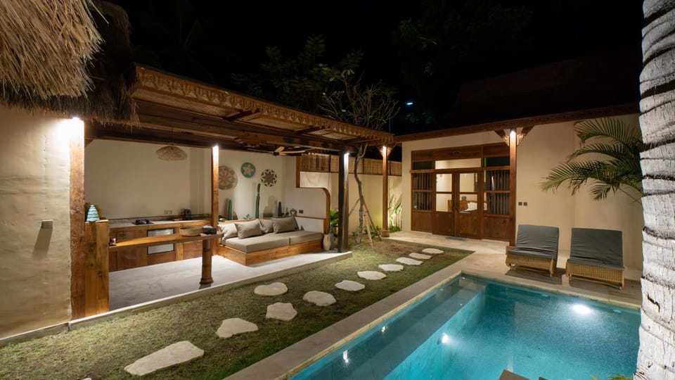 Patio, Night, Natural landscape, Pool view, Swimming pool, sunbed