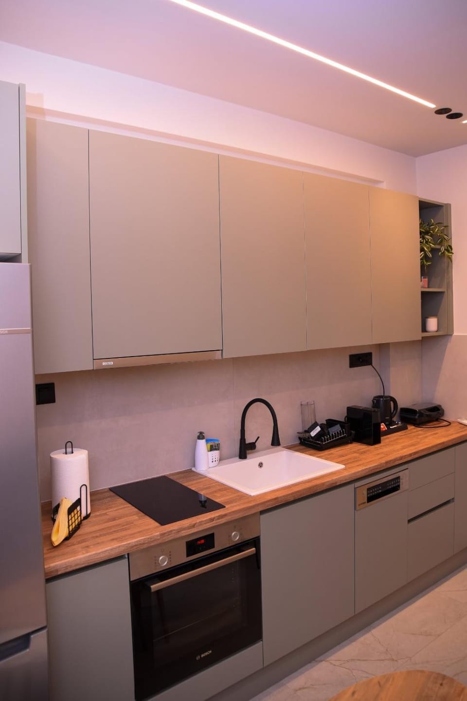 Kitchen or kitchenette, stove