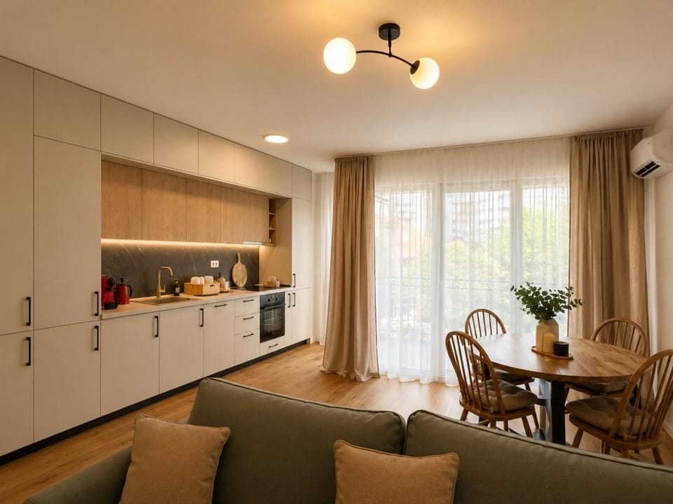 Kitchen or kitchenette, Living room, Seating area, Dining area, oven, stove
