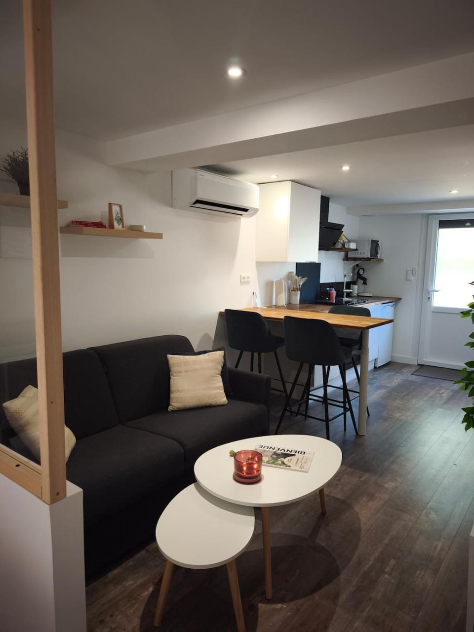 Kitchen or kitchenette, Living room, Seating area, Dining area