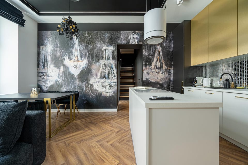 Kitchen or kitchenette, Living room, Seating area