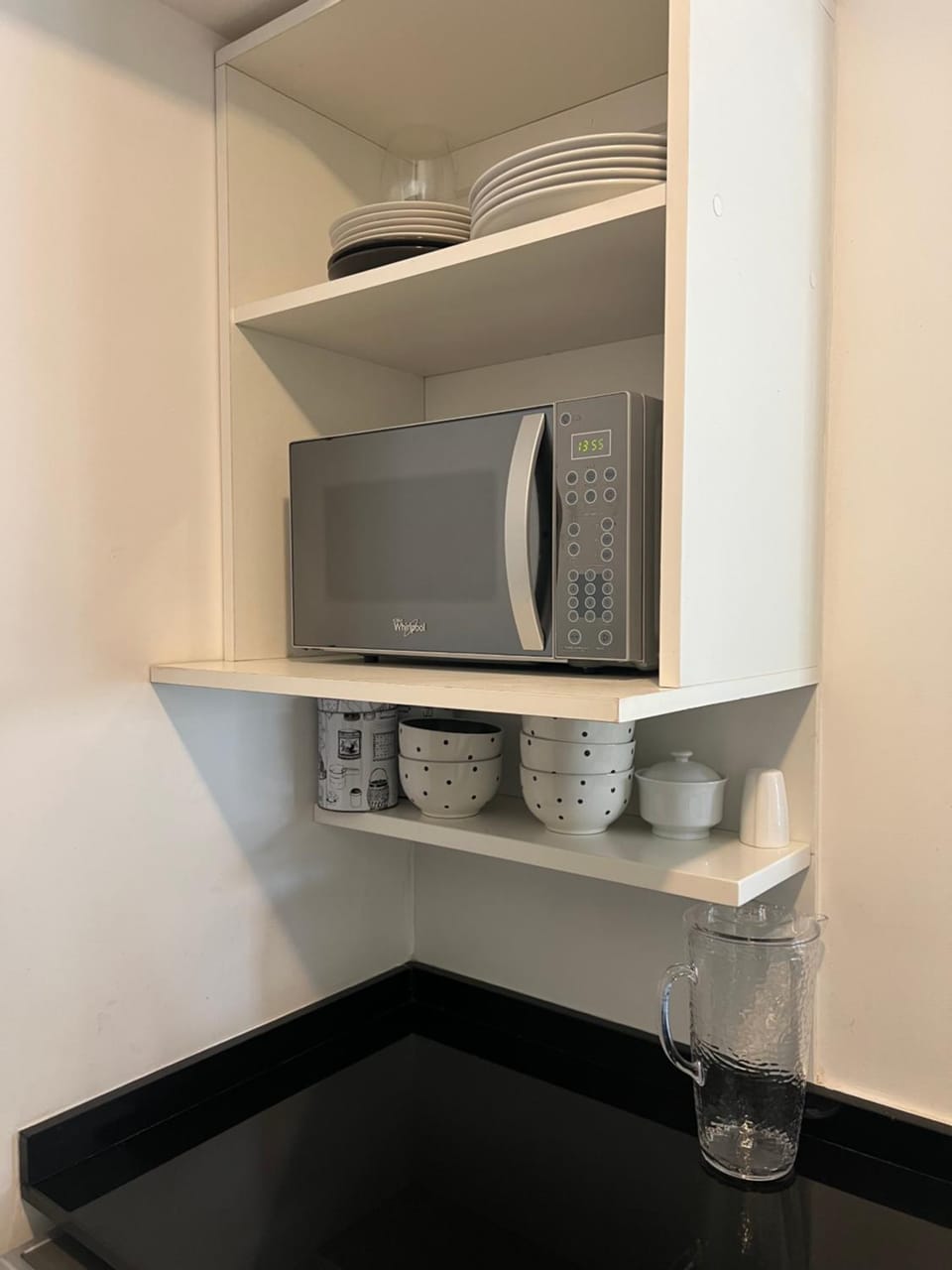 Kitchen or kitchenette, microwave