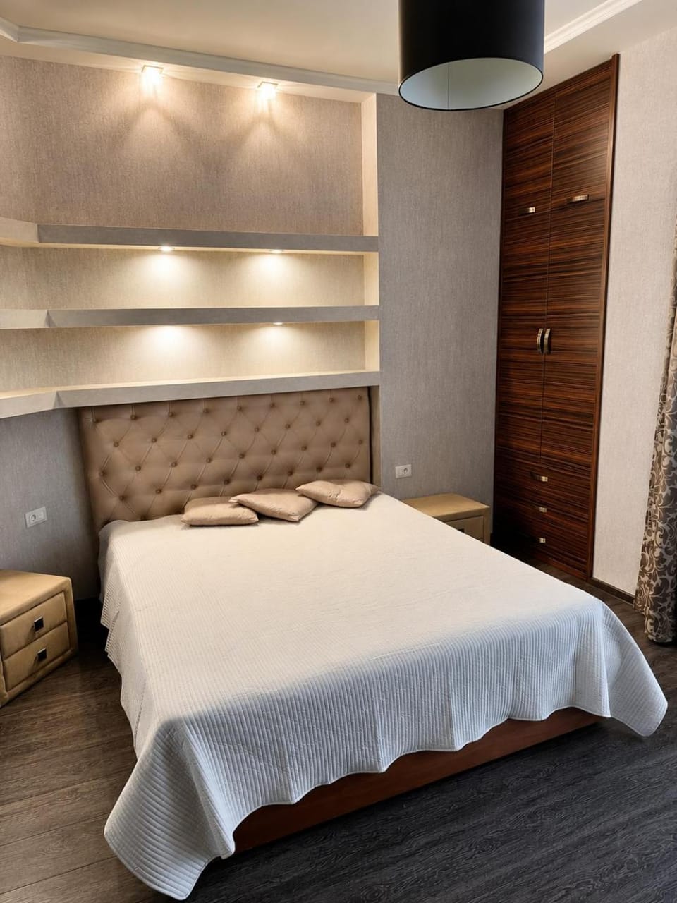 Bed, wardrobe