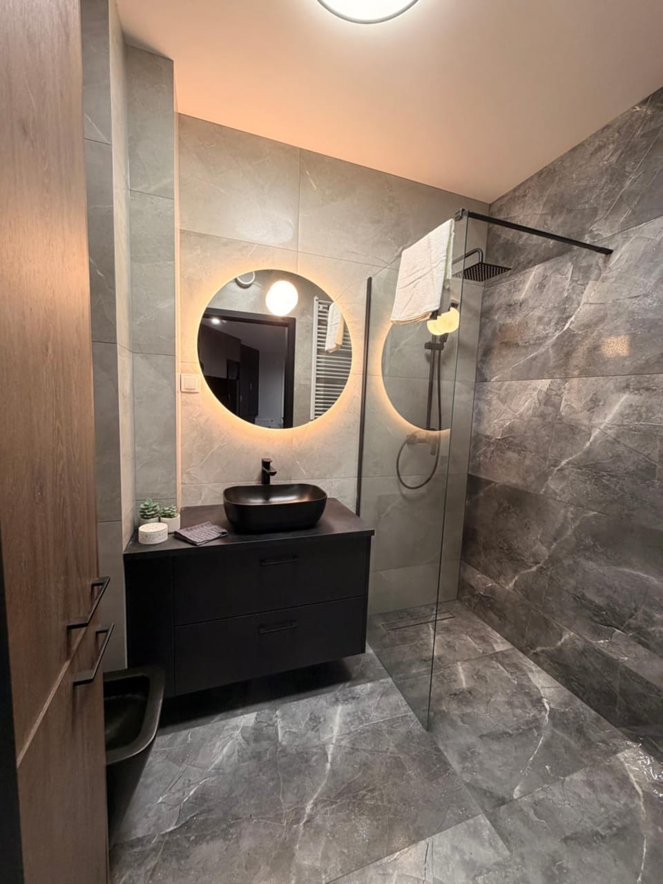 Shower, Bathroom, flat iron, hair dryier, towels, wardrobe
