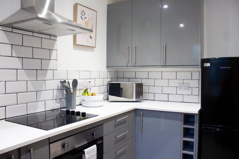Kitchen or kitchenette, dishwasher, stove, toaster