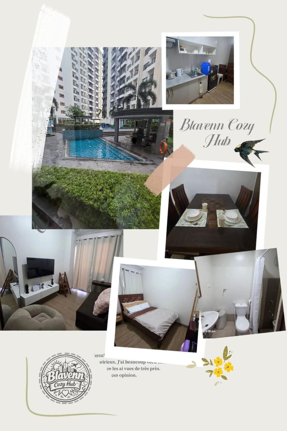Living room, Seating area, Text overlay, Swimming pool