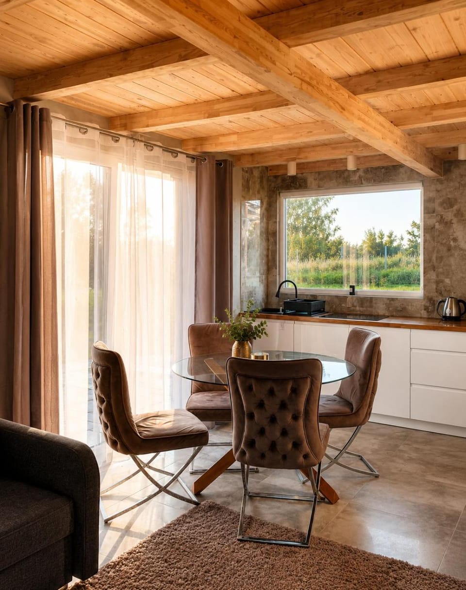 Kitchen or kitchenette, Living room, Seating area, Dining area