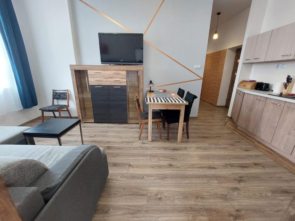 Kitchen or kitchenette, Living room, Seating area, Dining area