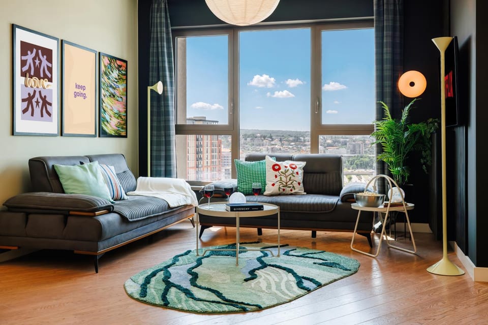 Living room, Decorative detail, Seating area, City view