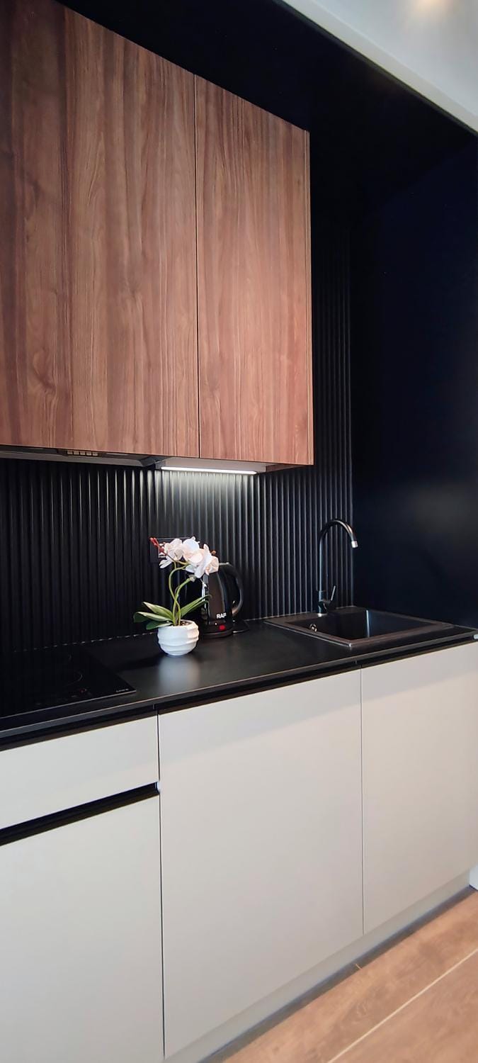 Kitchen or kitchenette, stove