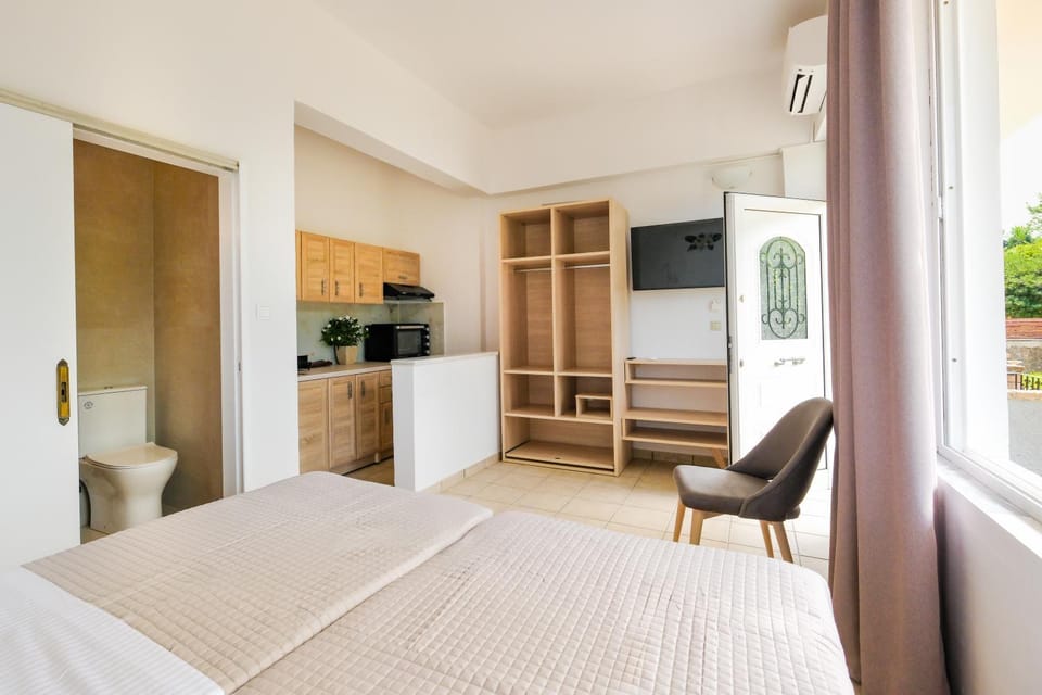 Bed, TV and multimedia, Kitchen or kitchenette, Photo of the whole room, Bedroom, wardrobe
