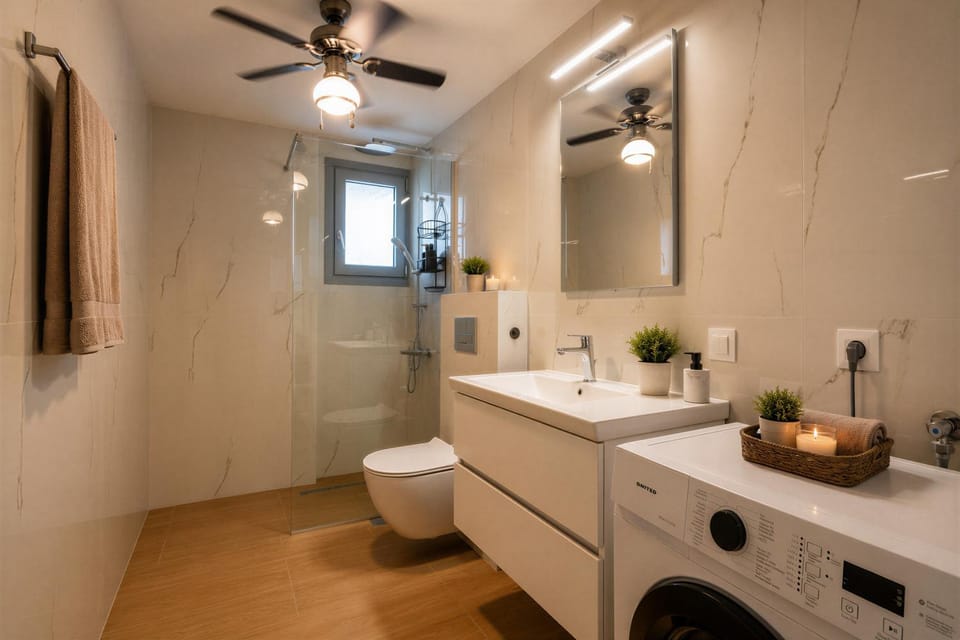 Shower, Bathroom, towels, washing machine
