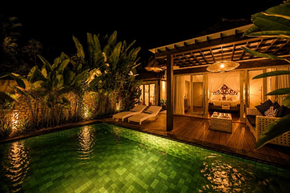 Patio, Night, Garden, Garden view, Pool view, Swimming pool, sunbed