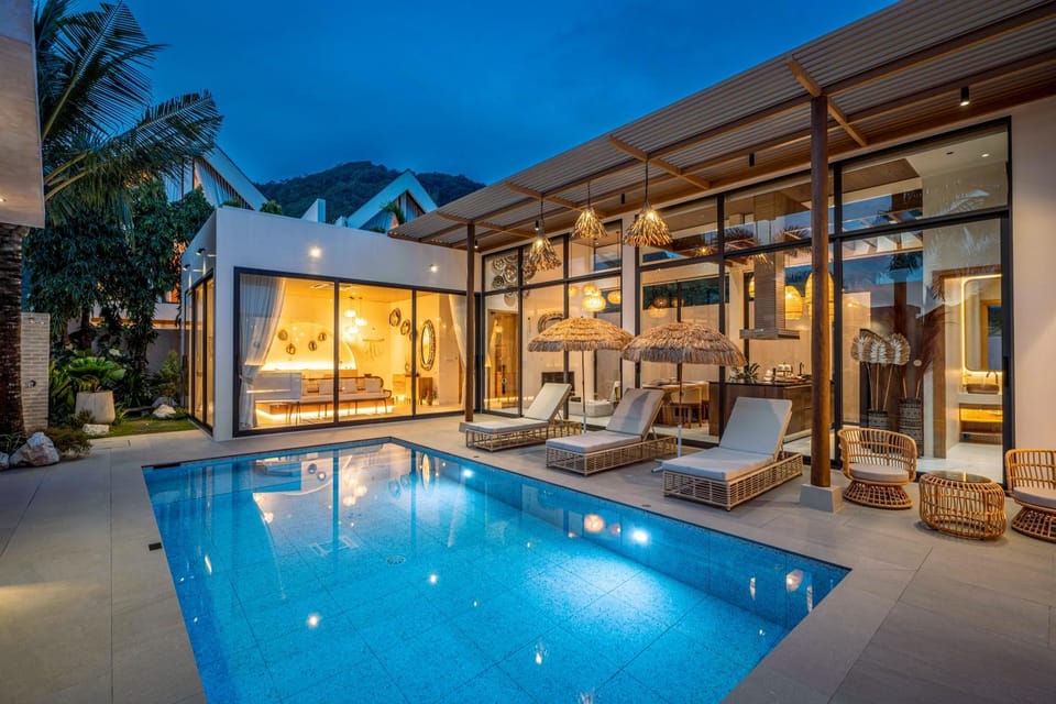 Property building, Patio, Night, View (from property/room), Bedroom, Pool view, Swimming pool, Dinner
