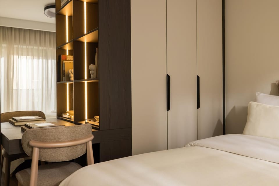 Bed, wardrobe