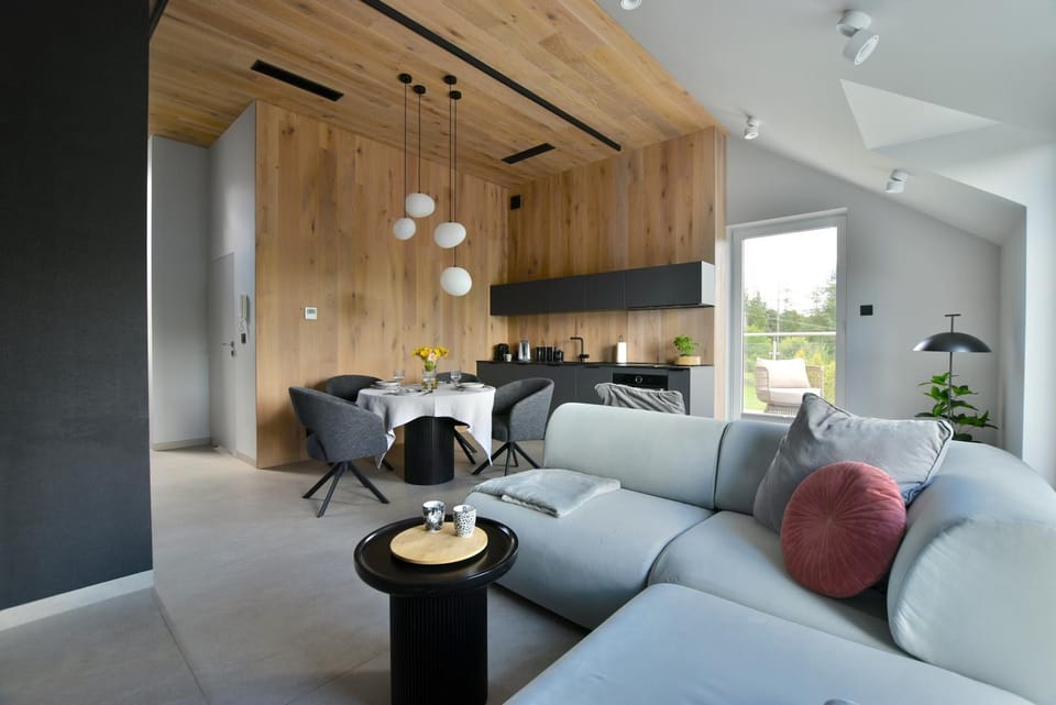 Kitchen or kitchenette, Living room, Seating area, Dining area