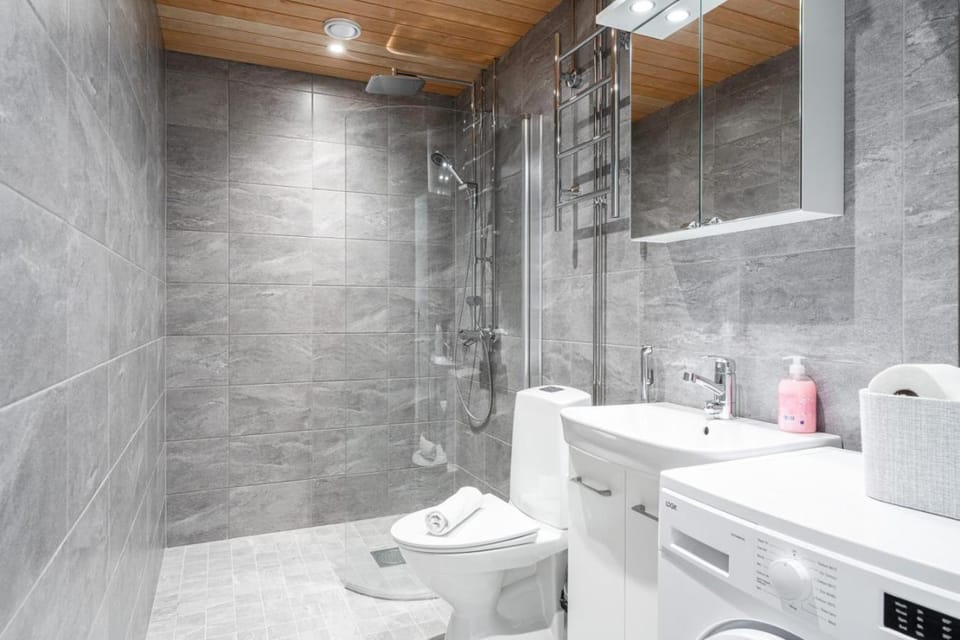 Shower, Toilet, Bathroom, bidet, towels, washing machine