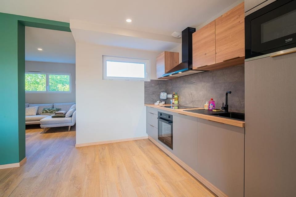 Kitchen or kitchenette, dishwasher, stove