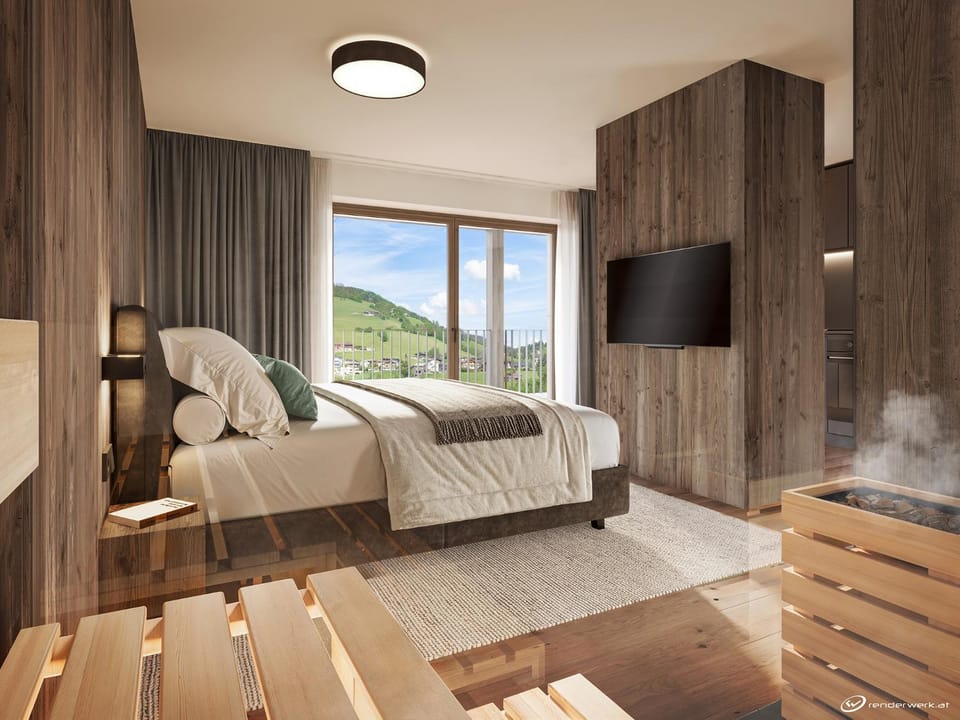 Bed, Sauna, Bathroom, TV and multimedia, Living room, Mountain view