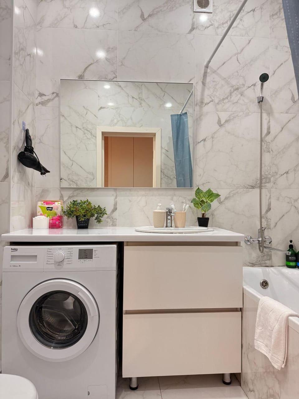 Bathroom, towels, washing machine, dryer
