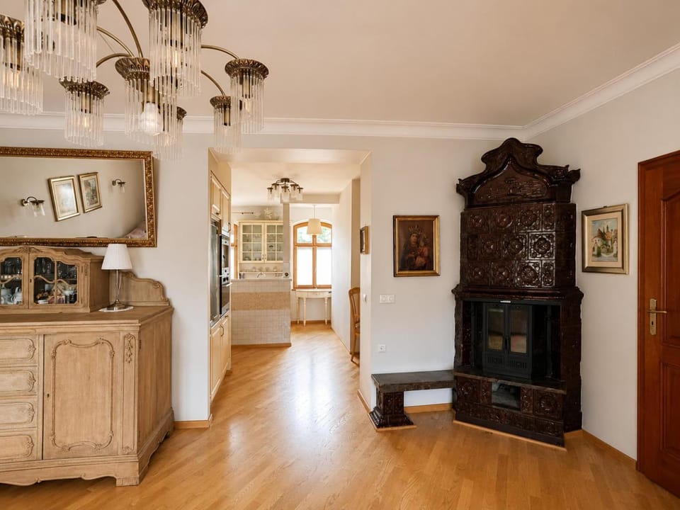 Living room, fireplace, kitchen