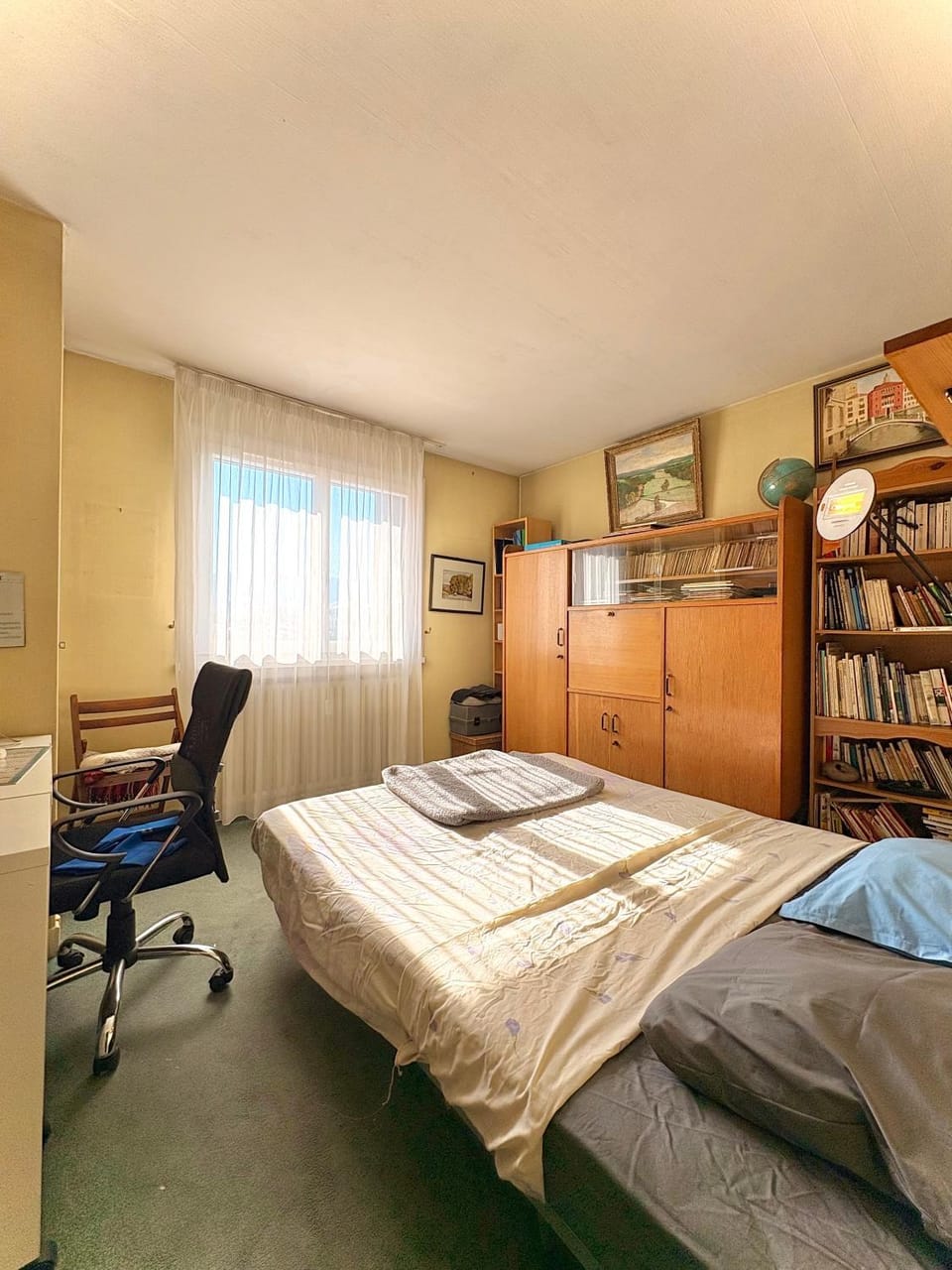 Bed, Library, Seating area, Bedroom