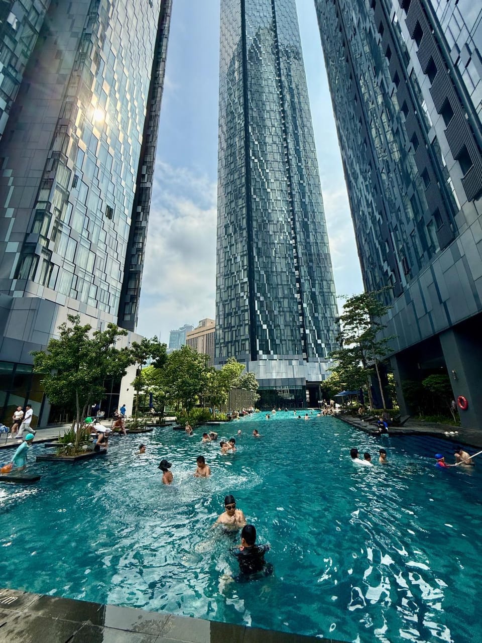 Property building, People, Natural landscape, City view, Pool view, Swimming pool, Swimming pool