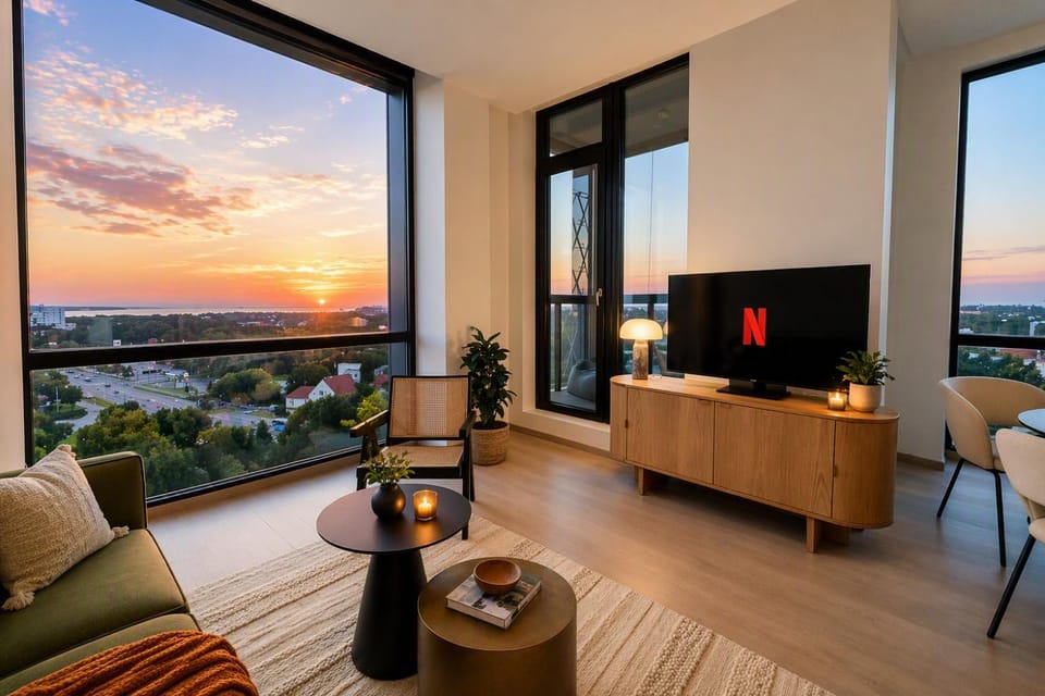 TV and multimedia, View (from property/room), Living room, Seating area, Evening entertainment, Sunset
