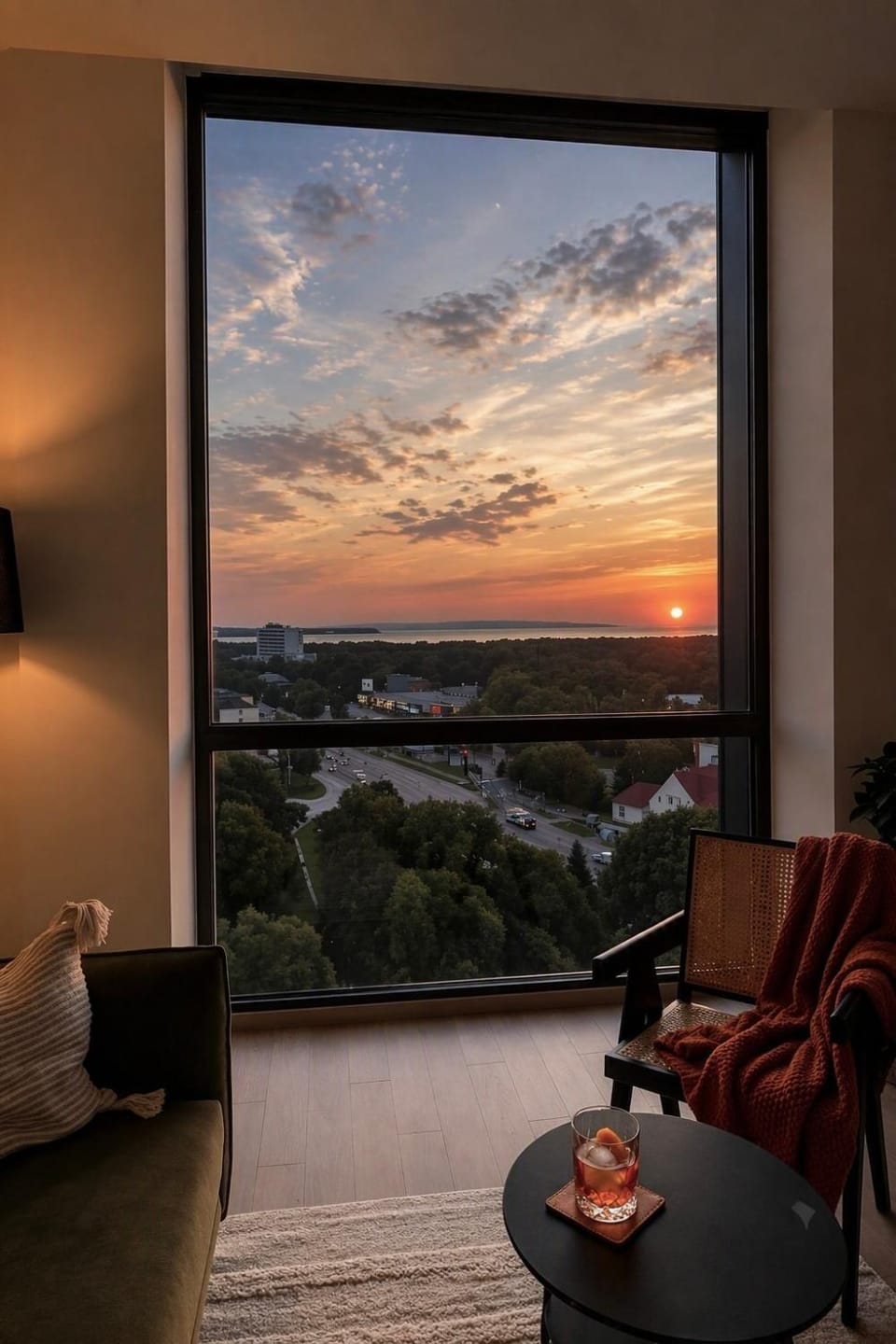 View (from property/room), Living room, Seating area, Sunset
