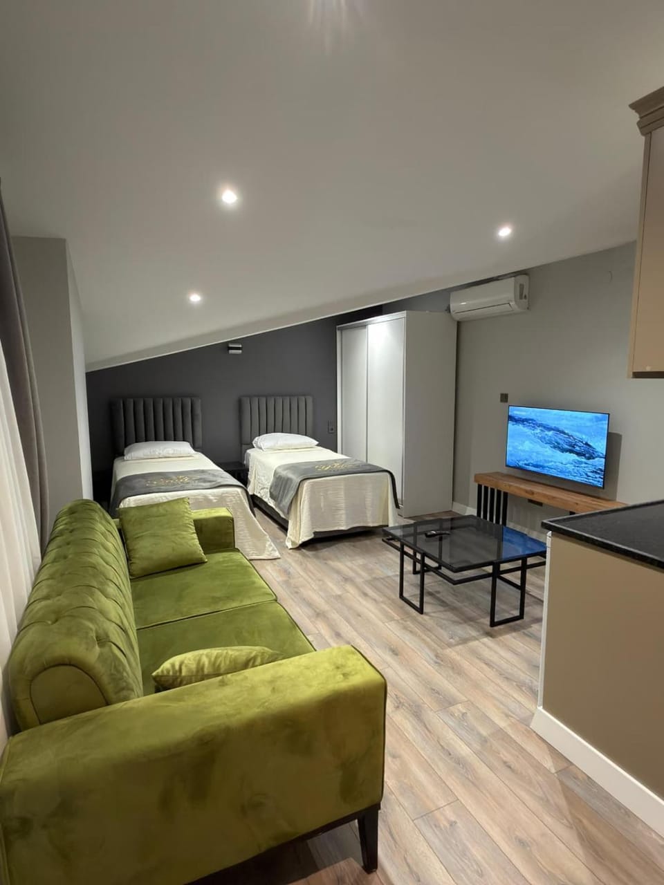 Bed, TV and multimedia, Living room, Photo of the whole room, Seating area, Evening entertainment, Bedroom, air conditioner