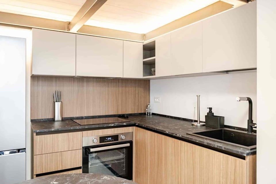 Kitchen or kitchenette, dishwasher, oven, stove