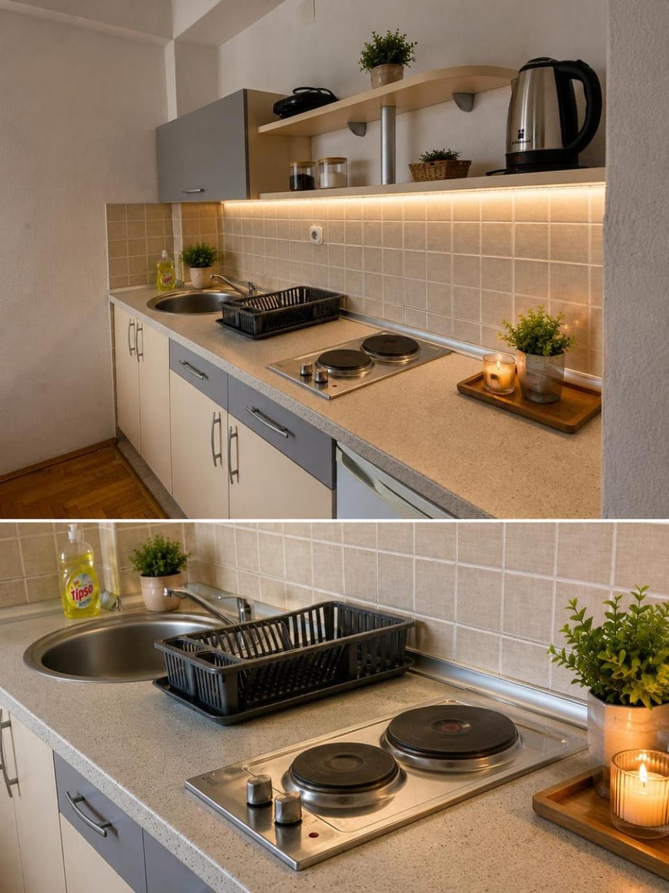 Kitchen or kitchenette, stove