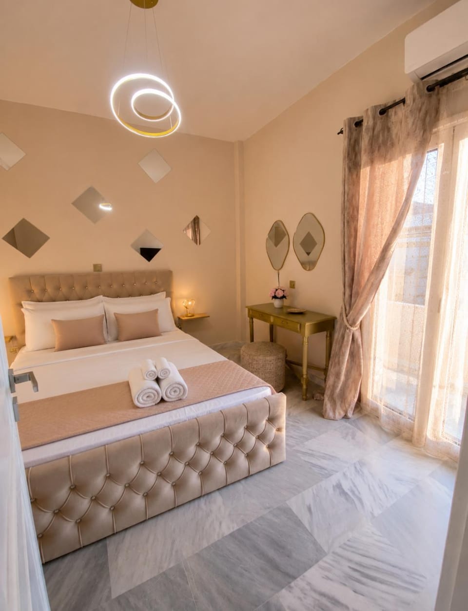 Bed, Photo of the whole room, Bedroom, towels, air conditioner