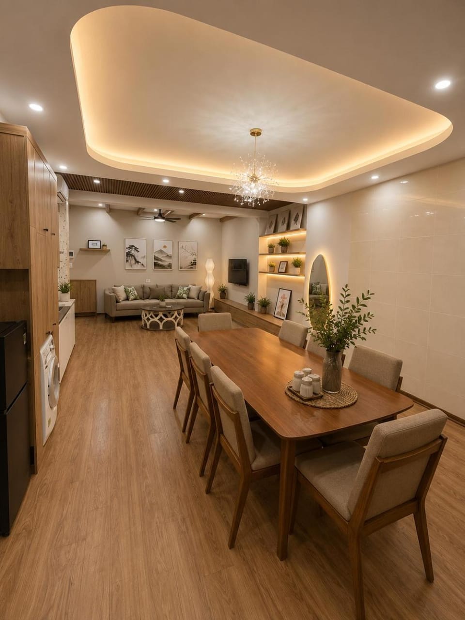Kitchen or kitchenette, Living room, Seating area, Dining area